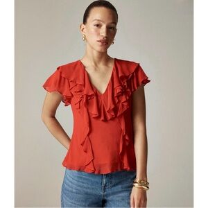 NWT J. Crew Ruffle Chiffon Top Short Sleeve Blouse Radiant Ruby Red